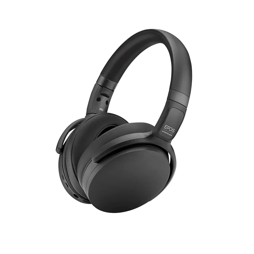 Black EPOS Adapt 360 double-sided Bluetooth headset with USB dongle and storage pouch on white background