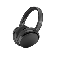 Black EPOS Adapt 360 double-sided Bluetooth headset with USB dongle and storage pouch on white background