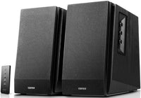 Black EDIFIER R1700BT Bluetooth bookshelf studio speakers with sleek wireless remote on white background