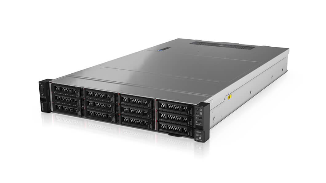 Front view of Lenovo ThinkSystem SR550 2U Rack Server showing drive bays and power supply