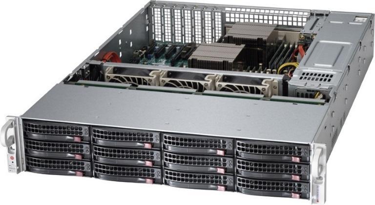 Front view of SUPERMICRO SuperServer 6029P-E1CR12H, black 2U rackmount server chassis with multiple drive bays