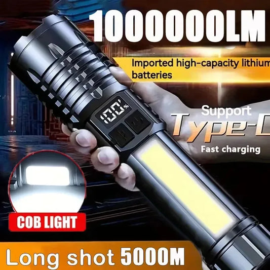 High Power LED Flashlight Powerful TYPE-C Rechargeable COB Flashlight