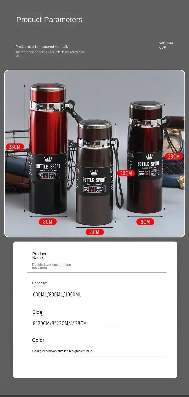 1L Thermal Water Bottle Keep Cold and Hot Thermos for Water Tea Coffee Vacuum Flasks Stainless Steel Thermos Bottle