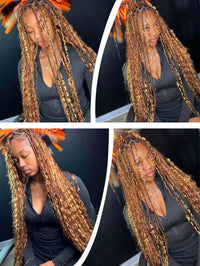 Model wearing long boho knotless braided wig with blonde ombre curls and natural baby hairs