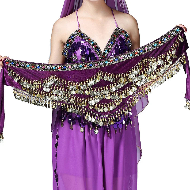 1PC New Style Belly Dance Belt Newest Multi-color Glass Silk Velvet Dancing Belt Scarf Crystal BellyDance Waist Chain Hip Scarf