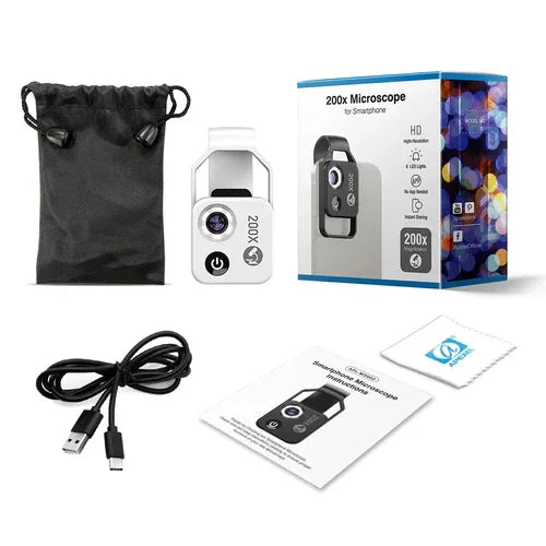 Compact phone microscope with CPL lens, LED light, and universal clip attached to a smartphone for close-up viewing.