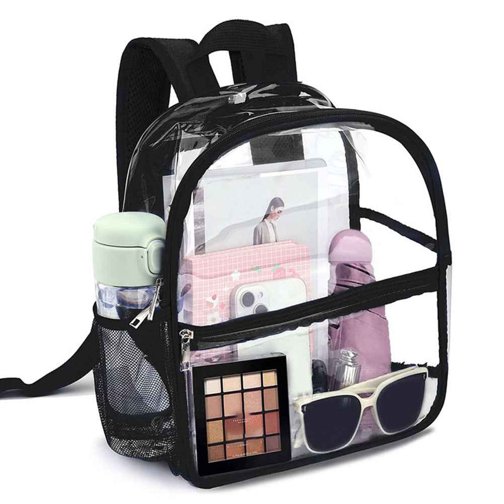 Clear mini backpack with transparent PVC material and soft handle, designed for women.