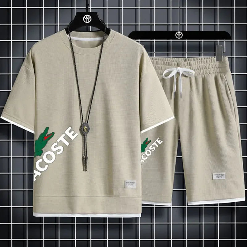 2025 Waffle pattern 2-piece set, men's shorts set, sum | Ships from US