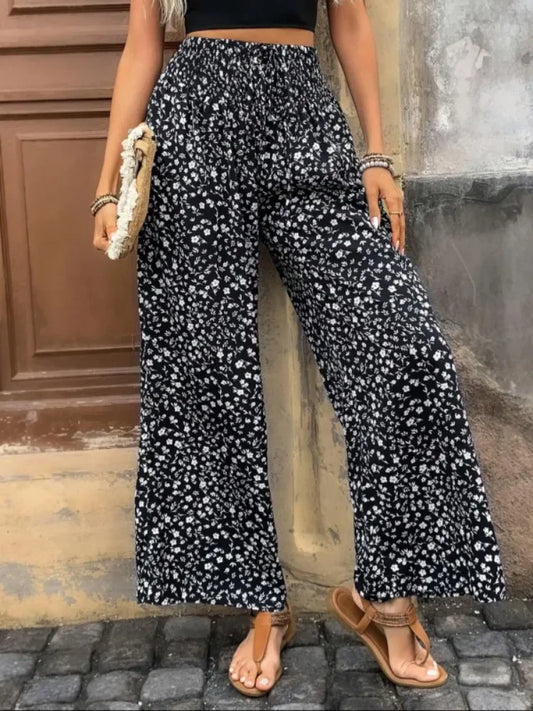 Floral Wide Leg  Flowy Ruffled High Waisted Summer Straight Pants