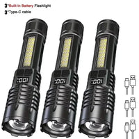 Powerful handheld LED flashlight next to 18650 battery for size comparison.