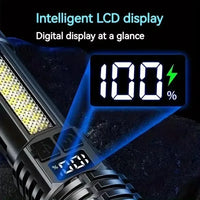 Side view of rechargeable LED flashlight showing Type-C charging port under a protective cover.