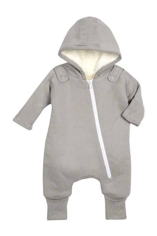 Close-up of gray baby jumpsuit with slanted zipper and cozy fleece lining.