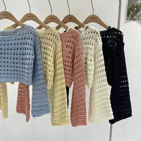 Side view of boho crochet knit crop top showing breathable knit texture.