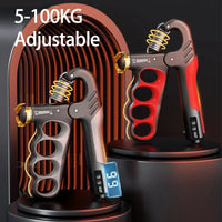 Adjustable hand grip strengthener with stainless steel spring and ergonomic handles on white background.