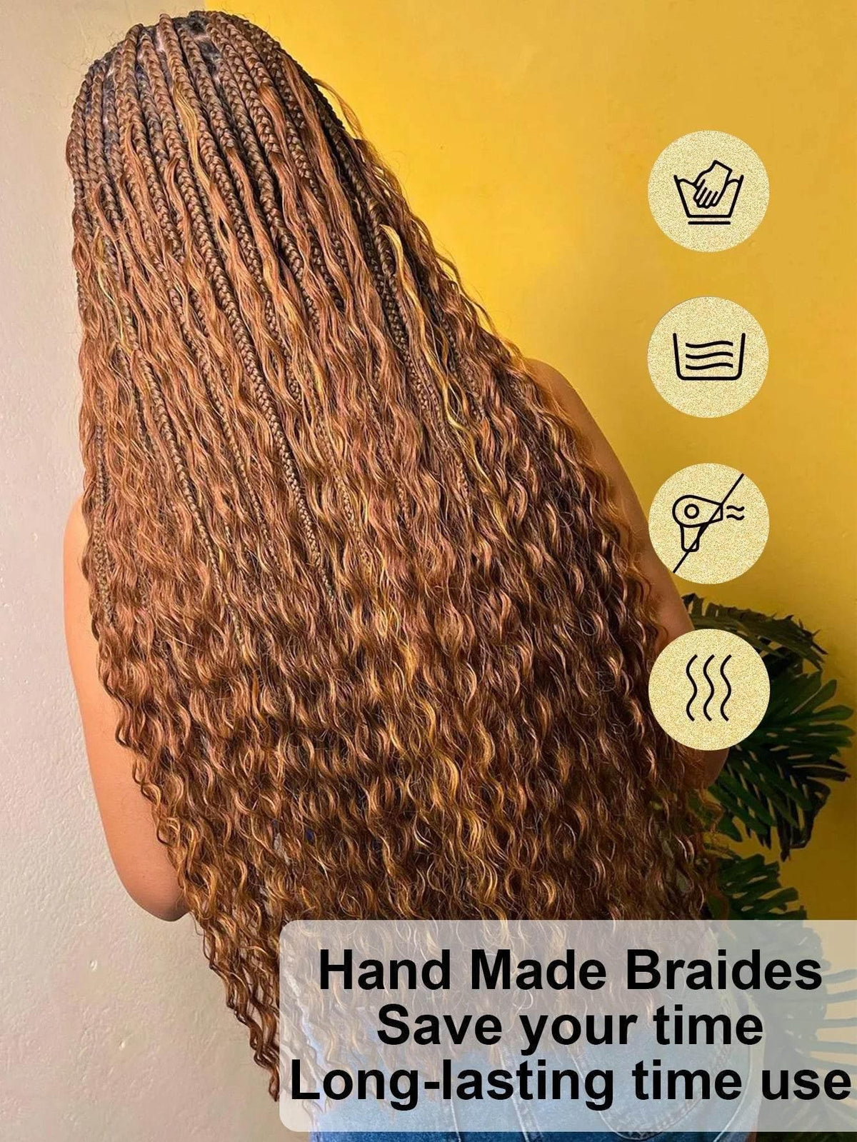 Side view of synthetic box braided wig with curly ends and baby hair styled naturally