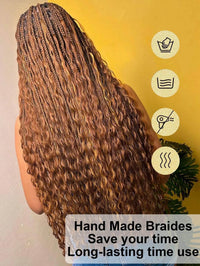 Side view of synthetic box braided wig with curly ends and baby hair styled naturally