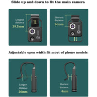 Phone microscope with CPL lens and LED light clipped on a smartphone in a user’s hand.