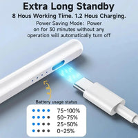 Stylus pen magnetically attached to the edge of an iPad for easy storage and portability.