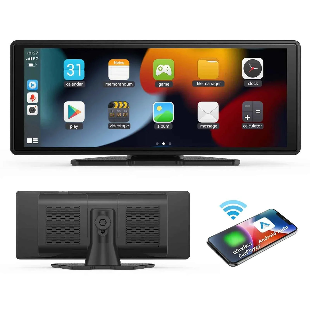 A portable 10.26-inch wireless car stereo with HD touchscreen mounted on a car dashboard.