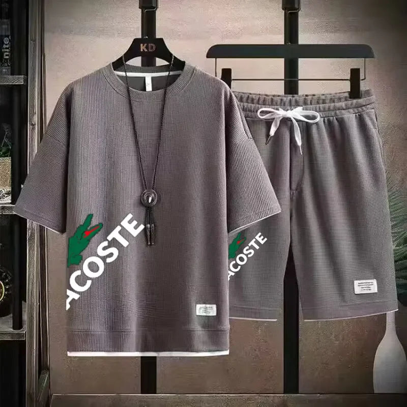 2025 Waffle pattern 2-piece set, men's shorts set, sum | Ships from US