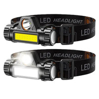 Rechargeable COB LED USB headlamp illuminated with adjustable strap on white background.