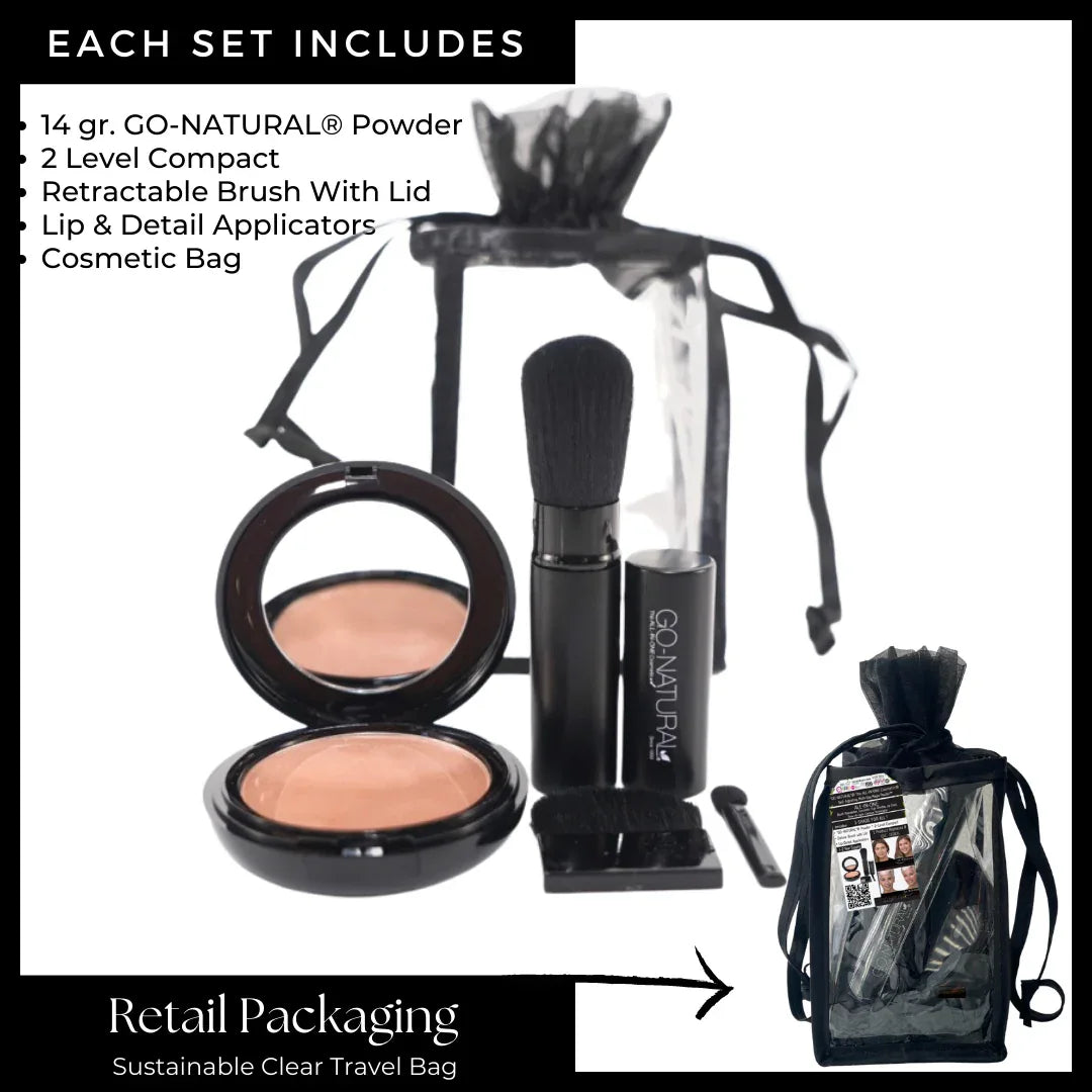 GO NATURAL® ALL-IN-ONE® travel gift set displayed with sustainable clear travel bag and retail packaging.