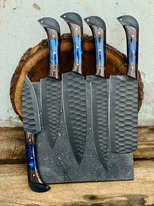 Knife Set for Sale – 13" Forged Damascus Steel Chef Knife with Wenge Wood Resin Handle & Leather Sheath