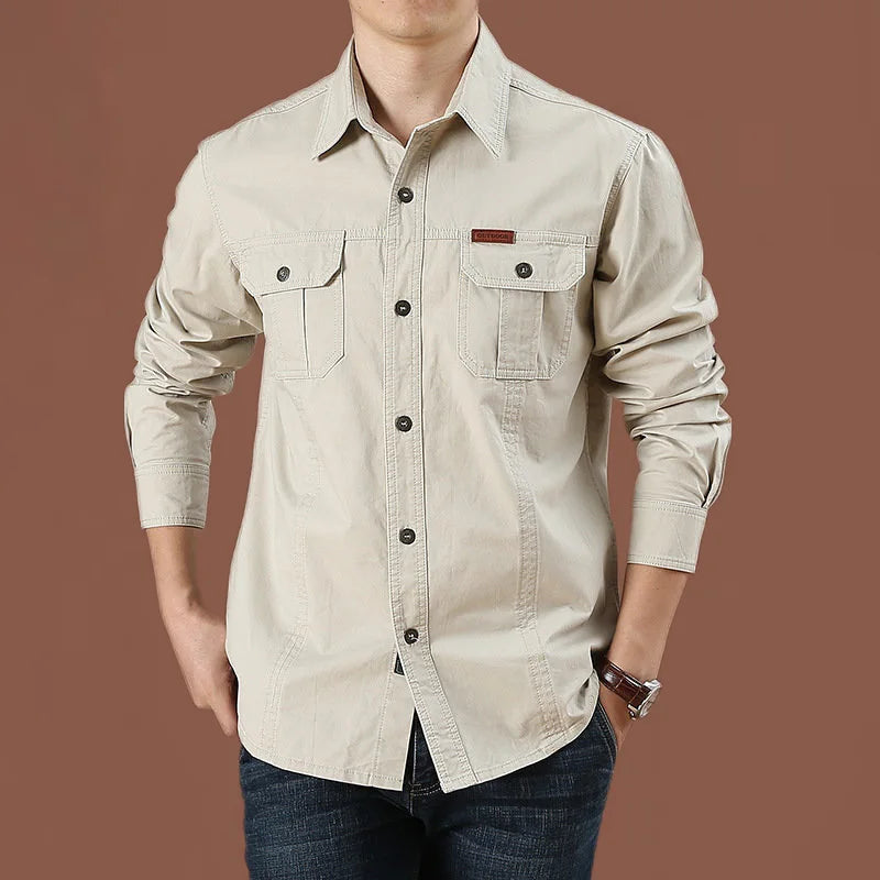 Cargo Shirt Men Long Sleeve Casual Cotton Shirts | Ships from US