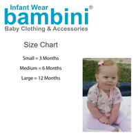 Size chart for baby sleep and play long johns with measurements for small, medium, and large.