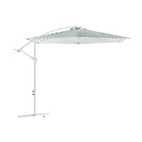 Garden patio setup with green and white striped umbrella shading outdoor table and chairs.