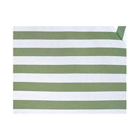 Side view of striped outdoor umbrella showing sturdy base and green white canopy.
