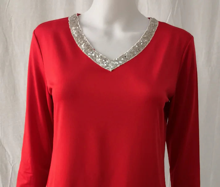 Plus Size Women's Sequin Long Sleeve V Neck T-shirt