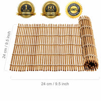 Two bamboo sushi rolling mats and five pairs of chopsticks displayed neatly on a white background.