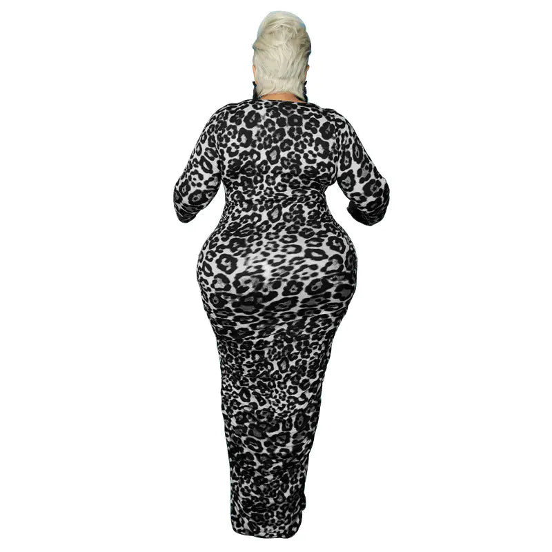 Elegant Plus Size Leopard Bodycon Maxi Dress for Fall