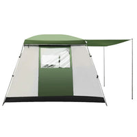 Weisshorn camping tent with entrance shade awning open on a sunny day in an outdoor setting.
