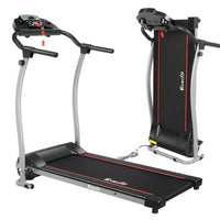 Side view of Everfit electric treadmill in black with handrails and digital display.