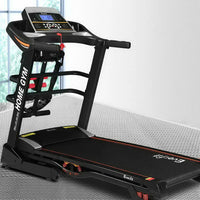 Treadmill full view showing sleek design and sturdy base on white background