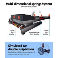 Treadmill running belt texture and motor area with sleek powder-coated steel frame