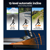 Folded Everfit Electric Treadmill for easy storage against wall