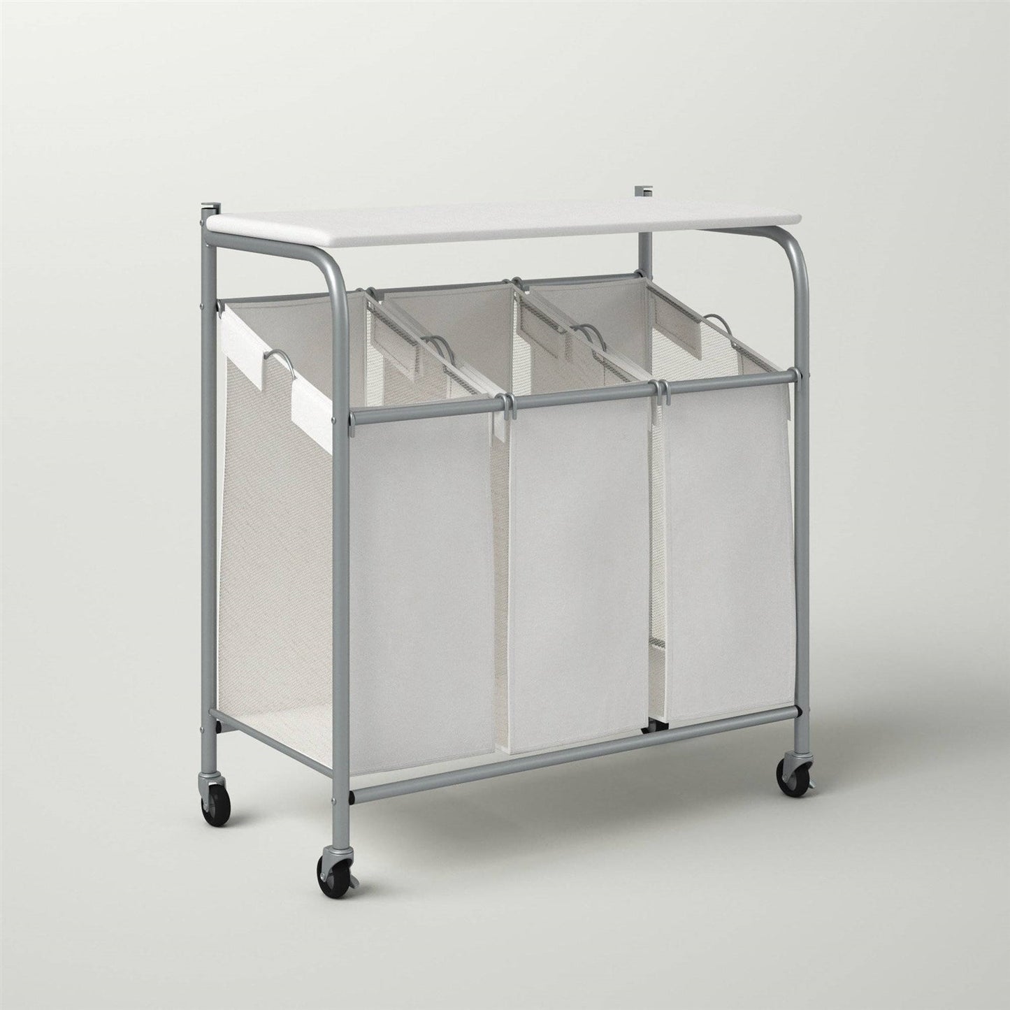 3 Section Wheeled Laundry Sorter Cart with Lift Top Folding Ironing Board
