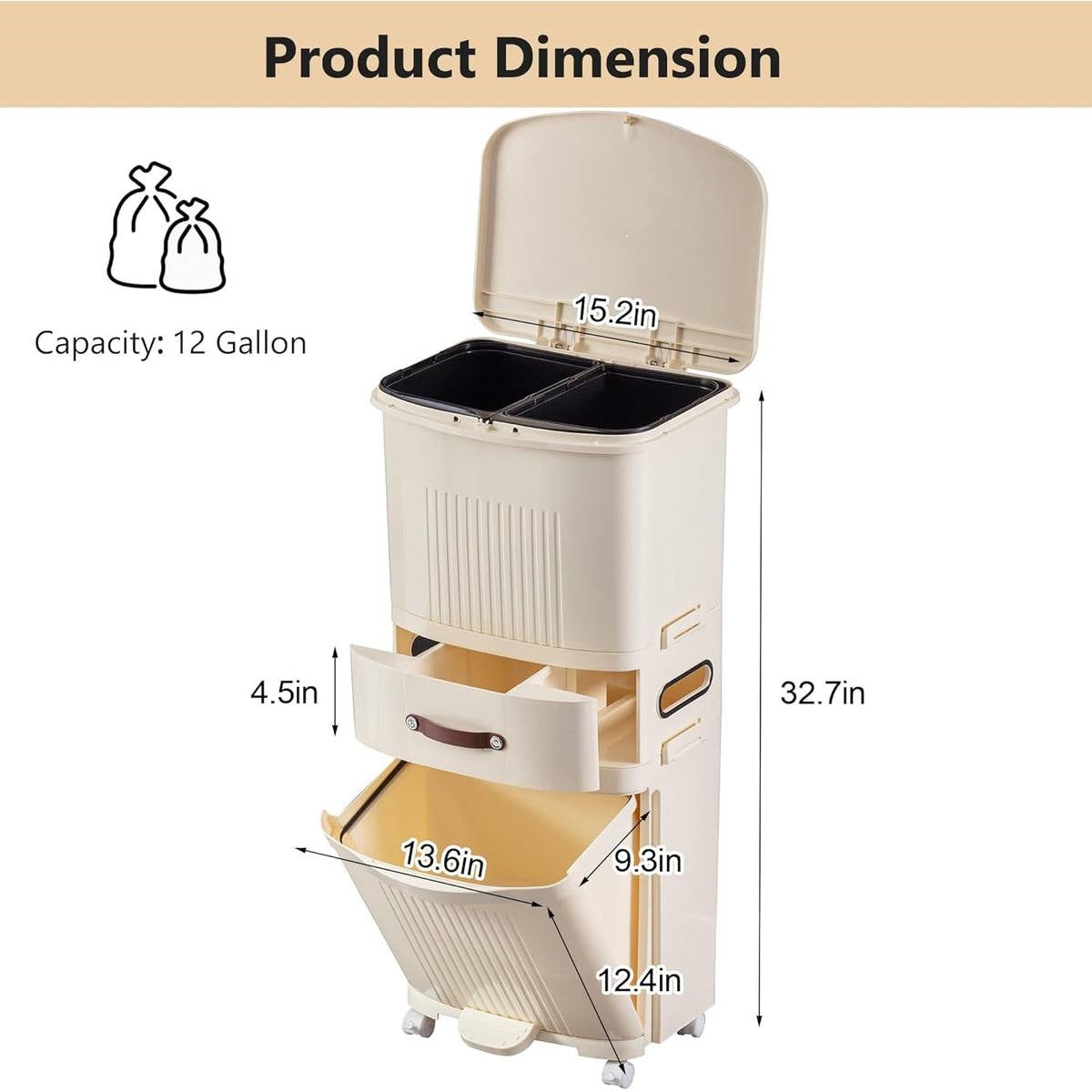12-Gallon Elevated Trash Can Recycle Bin with Lid on Wheels in Cream