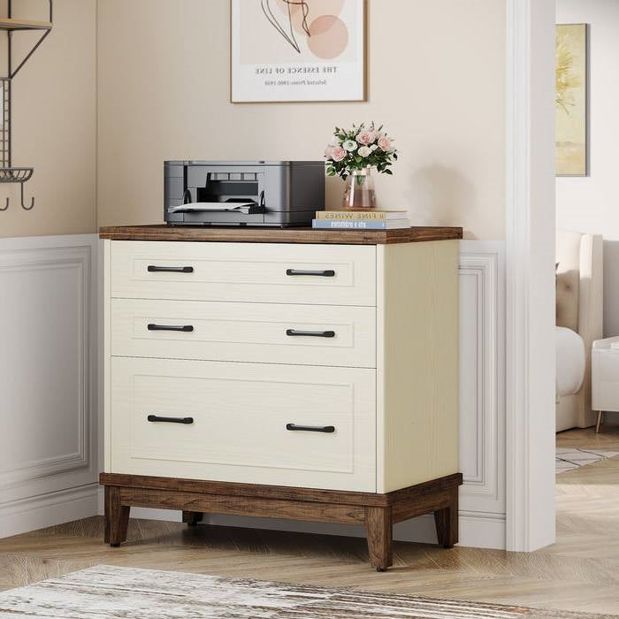 Vintage White/Rustic Brown 3 Drawer Filing Cabinet Printer Stand