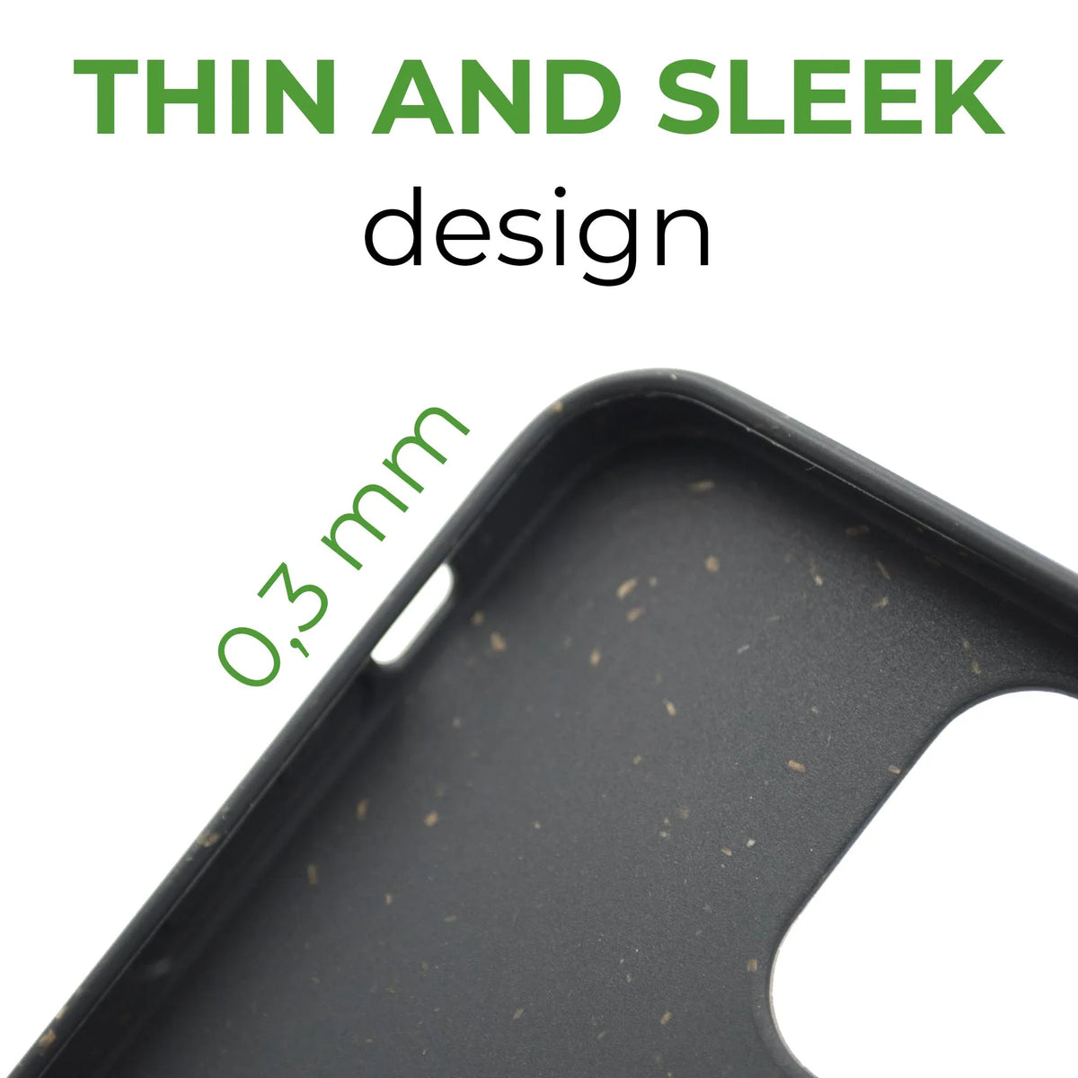 Thin compostable phone case emphasizing eco-friendly materials and slim profile.