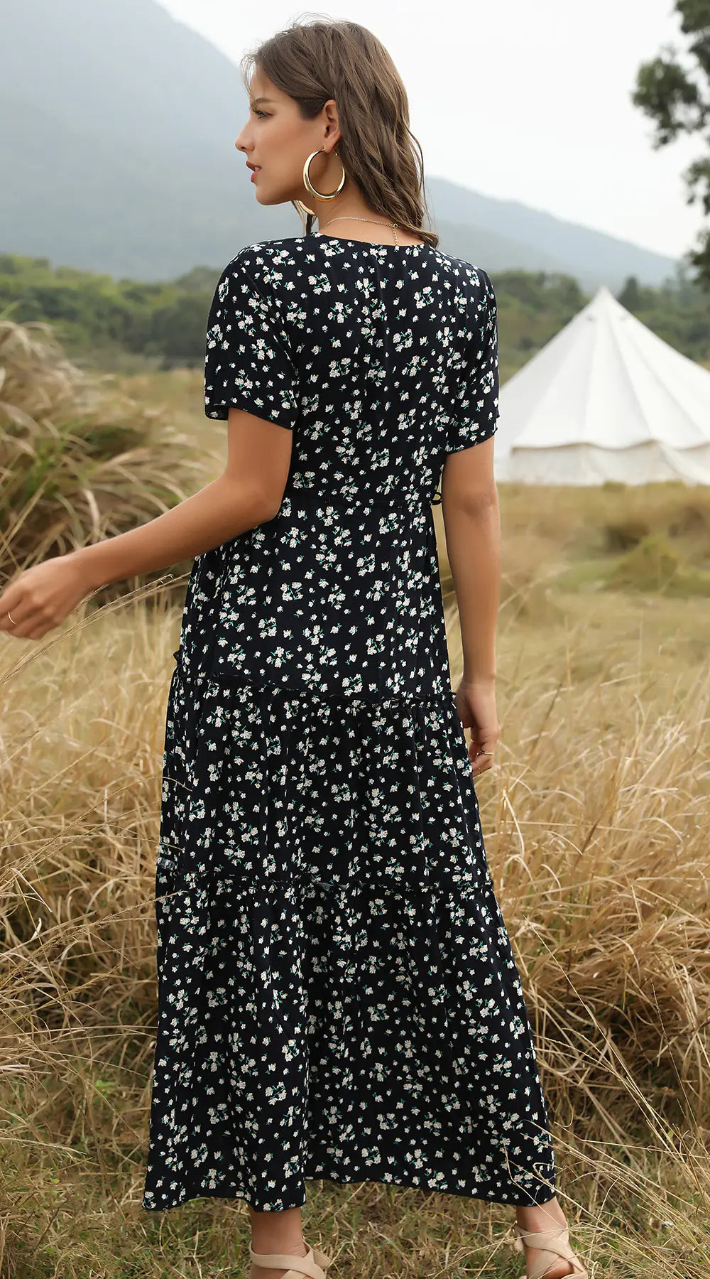 Bohemian Ruffled Floral Maxi Dress with V-Neck