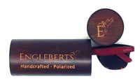 Back of bamboo tortoise sunglasses showing engraved artisan detail on the frame.