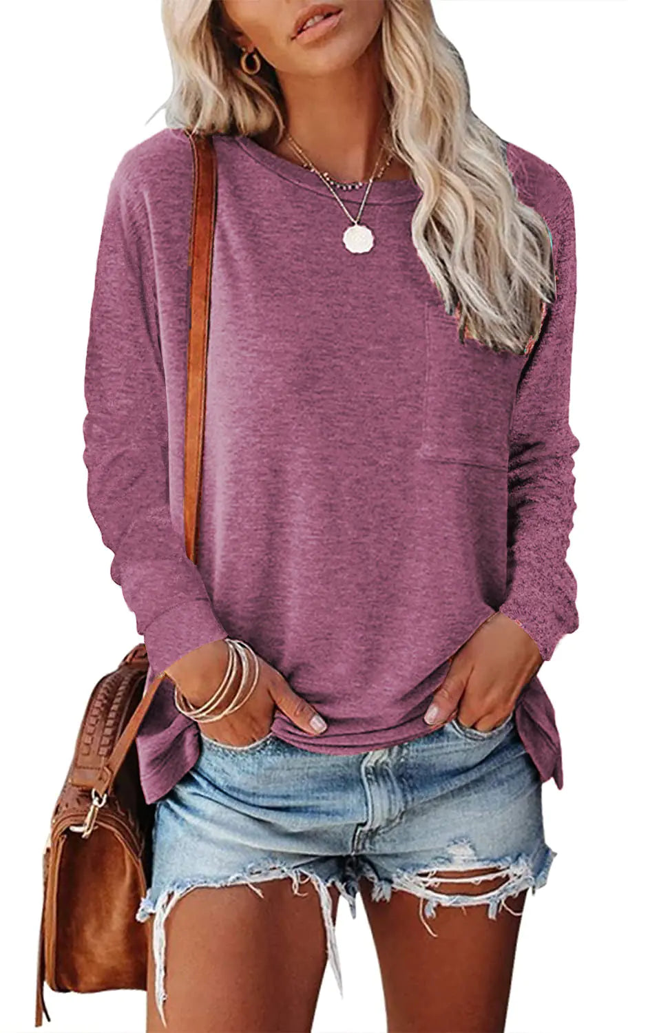 Pocket Split Long-sleeved Casual T-shirt