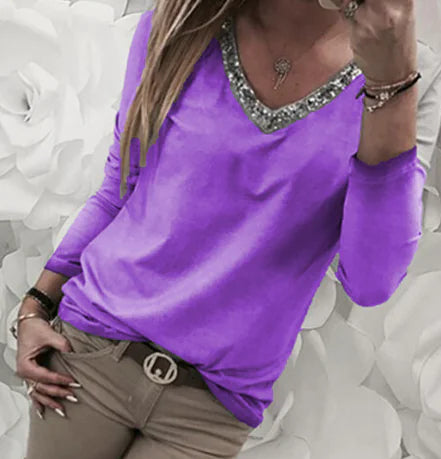 Plus Size Women's Sequin Long Sleeve V Neck T-shirt