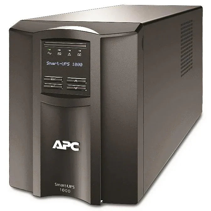 Tower-style APC Smart-UPS 1000VA LCD device showing front panel with display and control buttons