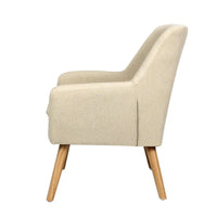 Beige armchair front view highlighting tufted backrest and cushioned seat with wooden legs.