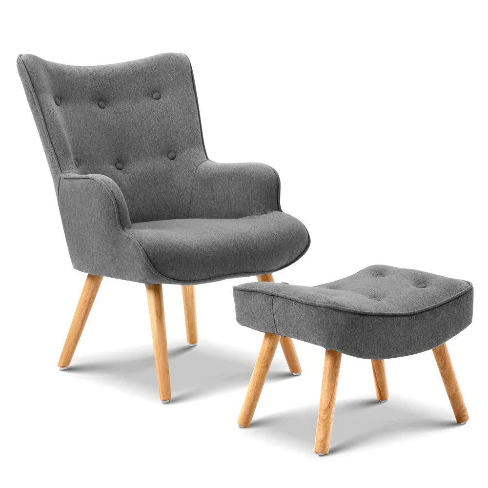 Grey Artiss Armchair with tufted back and matching ottoman on wooden floor
